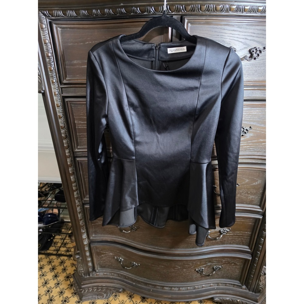 Ammara Black Satin Peplum Top Long Sleeve High Low Hem Size XS NWT